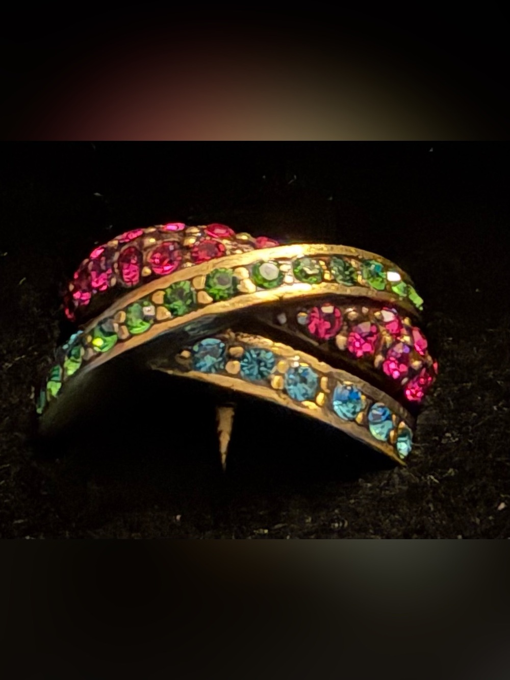 Heidi Daus Multicolor Crystal Crossover Statement Ring Size 7 Box Paper